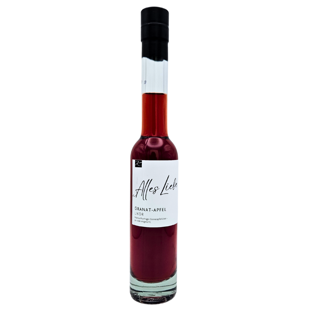 Granatapfel-Likör mit Spruch „Alles Liebe“ in 200 ml Flasche von Genusswelten Kasberger