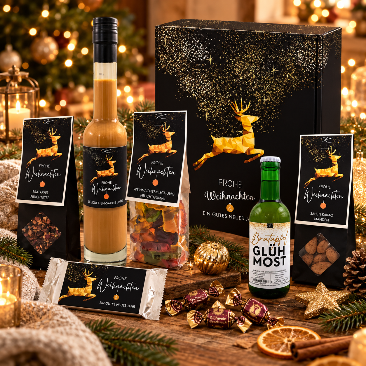 Geschenkset „Goldhirsch“ – 3er Präsent mit Punsch