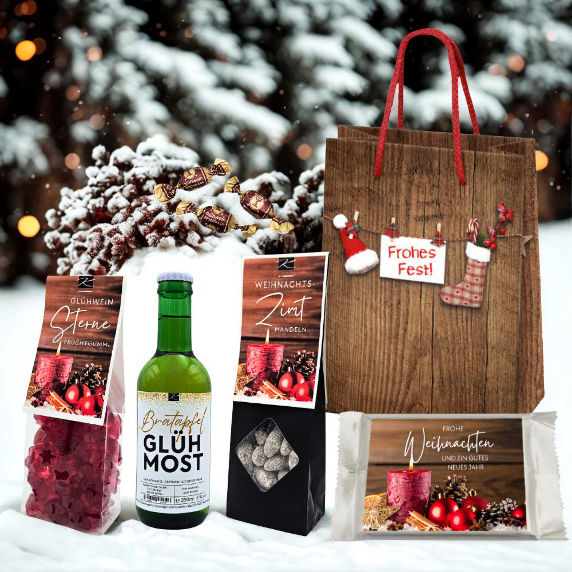 Geschenkset „Frohes Fest“ – Tasche klein mit Glühweinsterne, Lebkuchen-Likör, Knusperwaffel & Bonbons – von Genusswelten Kasberger