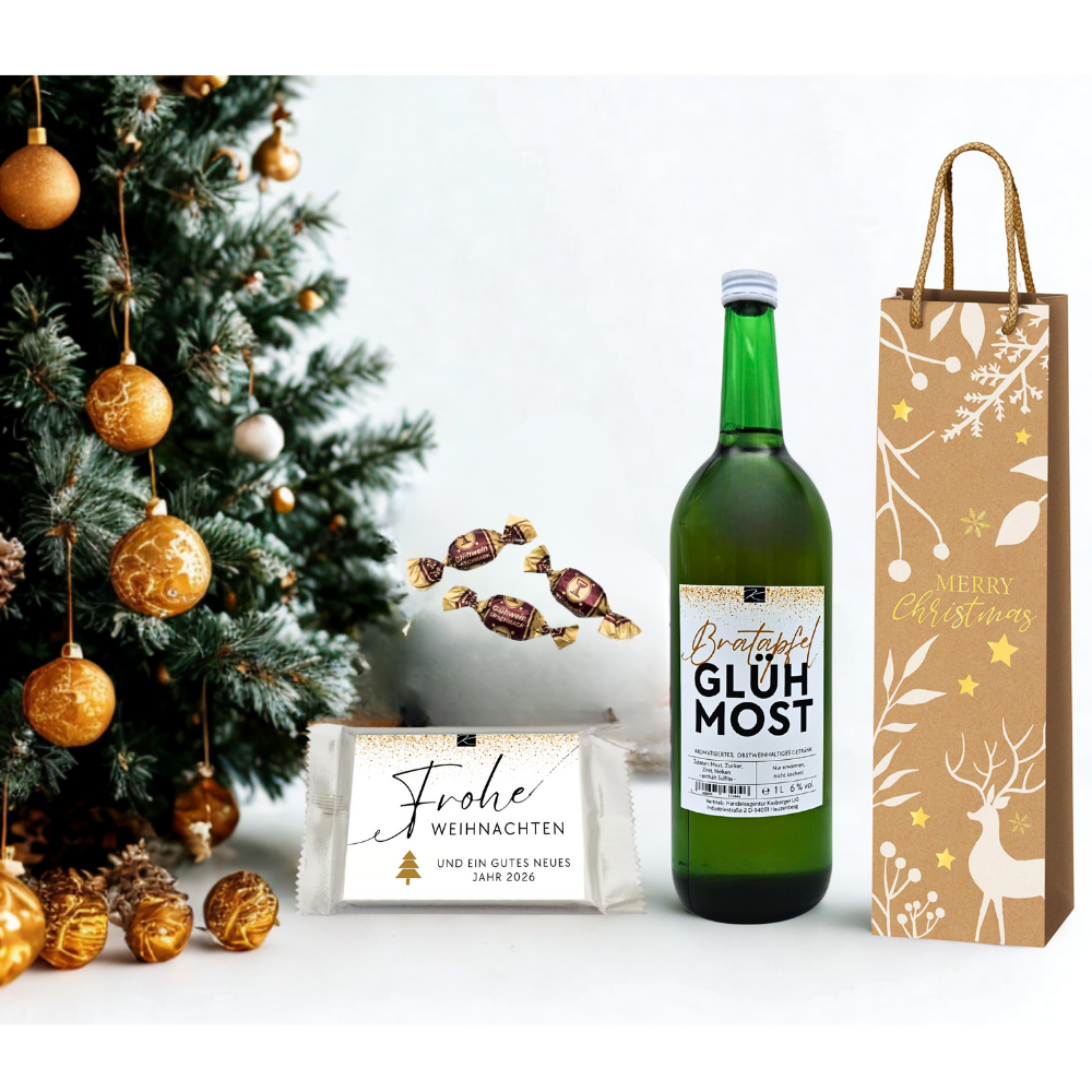 Geschenkset „Christmas Dream“ – 1er Geschenktasche mit Bratapfel-Glühmost, Knusperwaffel & Glühweinbonbons – von Genusswelten Kasberger