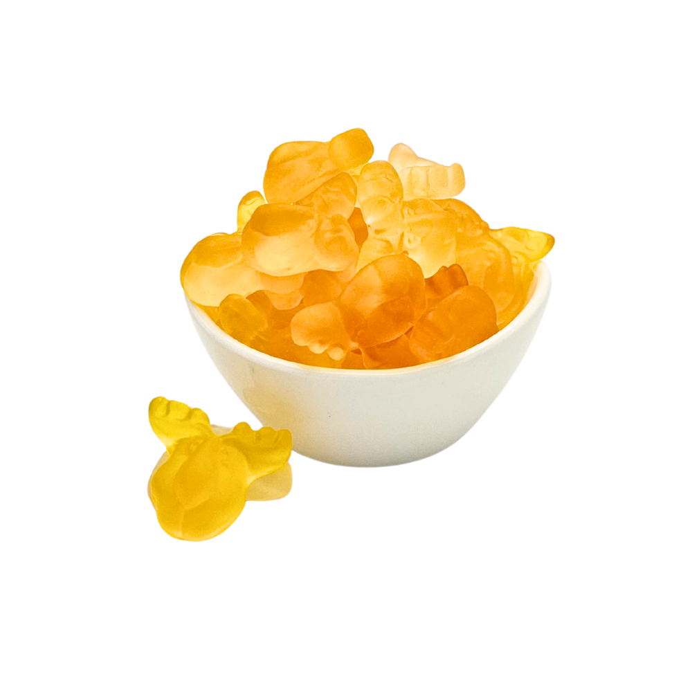 Gelbe Fruchtgummi-Elche ohne Alkohol mit Eierpunschgeschmack in 200 g Packung – von Genusswelten Kasberger
