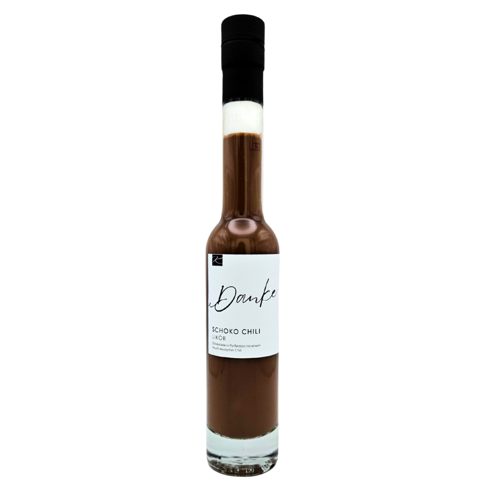 Schokoladen-Chili-Likör mit 20 % vol. und Spruch „Danke“ von Genusswelten Kasberger