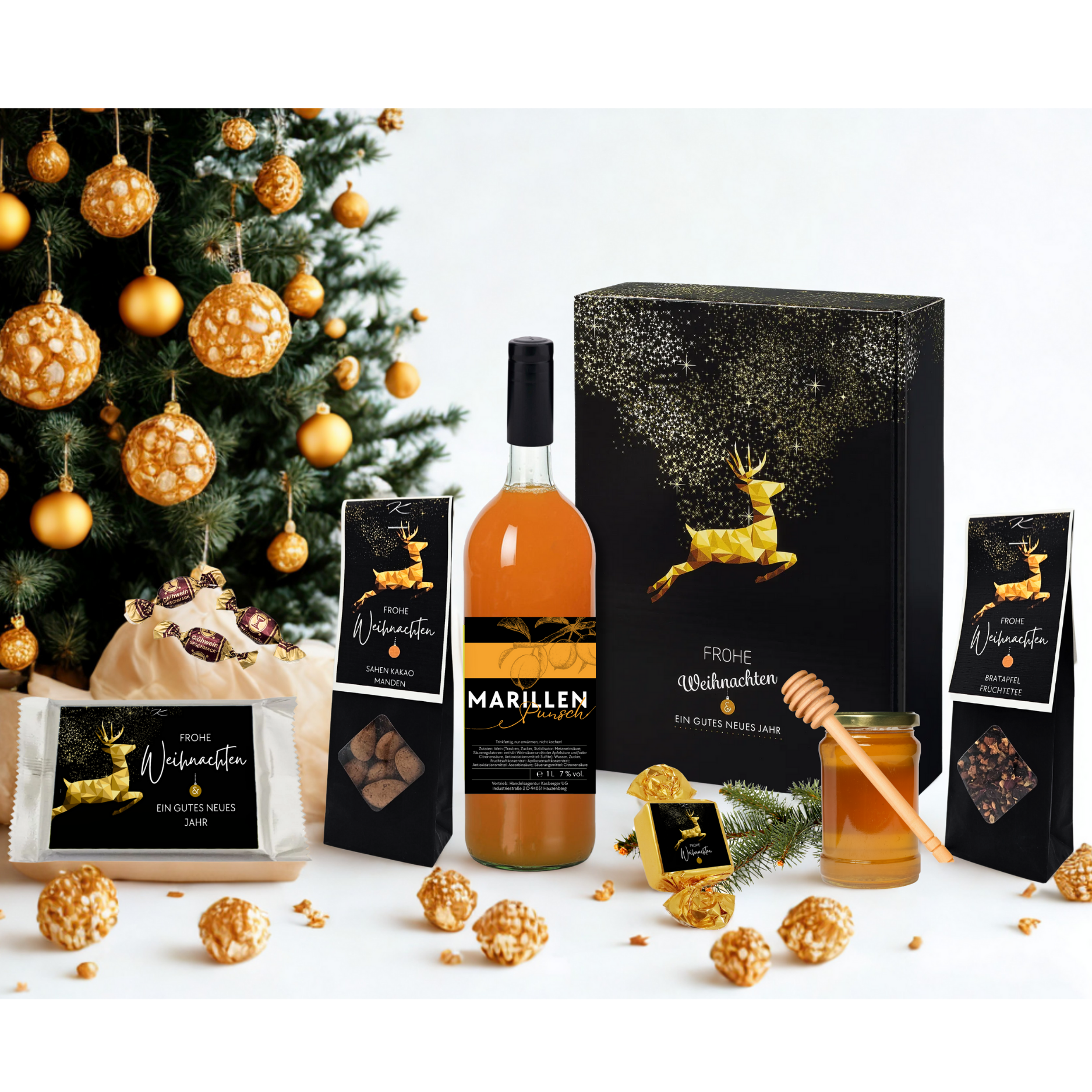 Geschenkset „Goldhirsch“ – 3er Präsent mit Marillen-Punsch, Sahne-Kakao Mandeln, Honig, Bratapfel-Früchtetee, Nougat, Knusperwaffel & Glühweinbonbons – von Genusswelten Kasberger