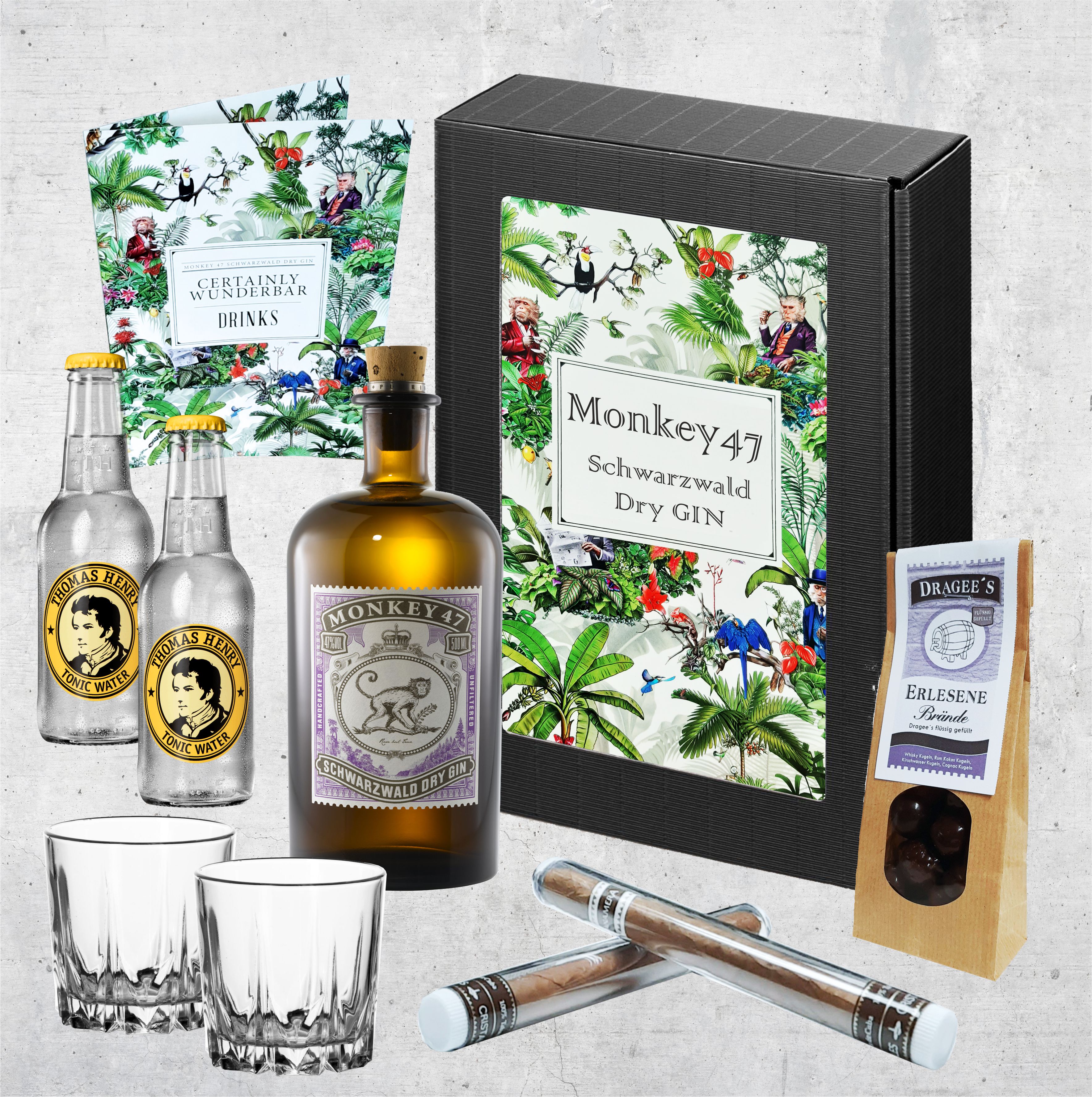 Monkey 47 Schwarzwald Dry Gin Geschenk Set | Männer Set mit Gin, Tonic Water, Gläser, Zigarren und Dragee´s